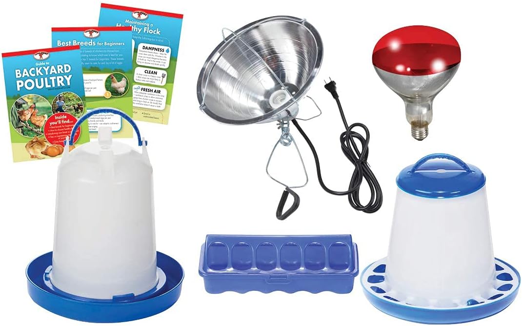 Double-Tuf® Chicken and Poultry Starter Kit | Heat Lamp, Light Bulb, Feeders, Waterer, and Guide Book for Backyard Outdoor Chick Farmers | Backyard Chicken Beginner Supply Kit