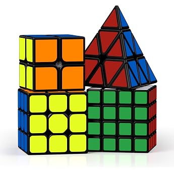 ROXENDA Magic Cube Set - 2 x 2 3 x 3 4 x 4 Pyramid Speed Cube Set with Cube Tutorial for Children and Adults [Pack of 4] Black