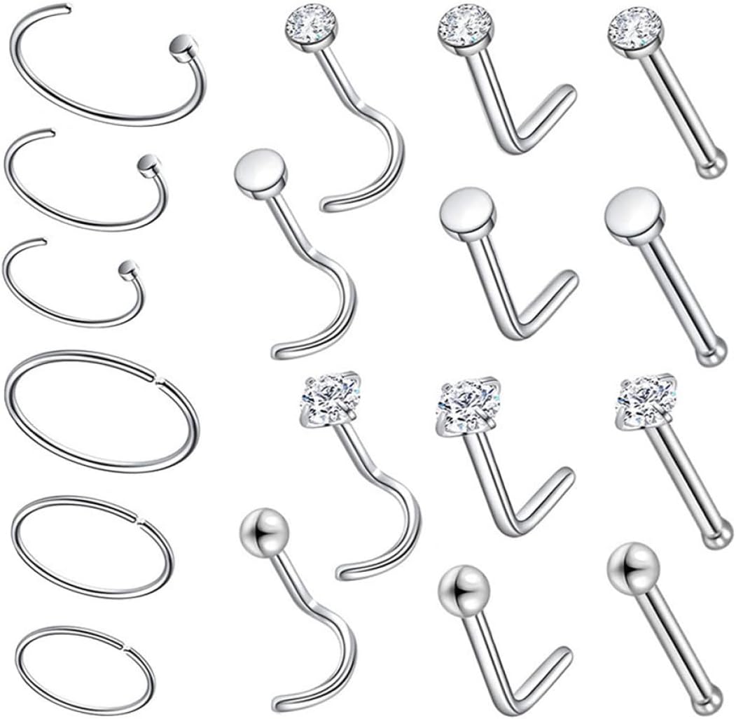 18pcs Stainless Steel Nose Rings Clips for Men Women Hypoallergenic Rust-resistant Nose Decorations Comfortable Flat Back Studs for Party Street Performance Wear