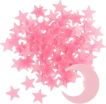 100 نجمة و 1 توهج القمر في The Dark Luminous Fluorescent 3D Plastic Glow Stars Moon for Ceiling، Glowing Wall Stickers إنشاء سماء النجوم الواقعية ، زينة الغرفة الوردي