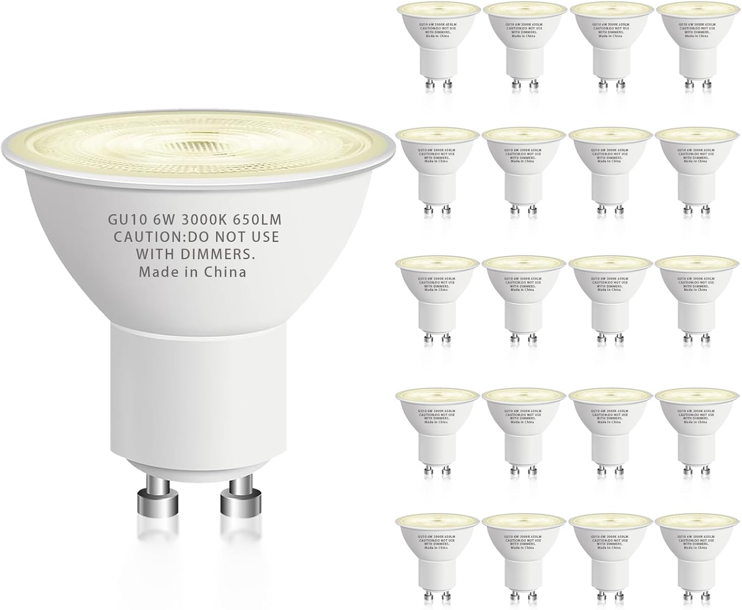 GU10 Led Bulb 6W Equivalent 50W, MR16 Led Bulb 3000K Soft White Light Bulbs, 650 Lumens, Non-Dimmable, GU10 Base, 2 Prong Track Energy Saving Light Bulbs for Kitchen, Living Room, Bedroom, 20 Pack