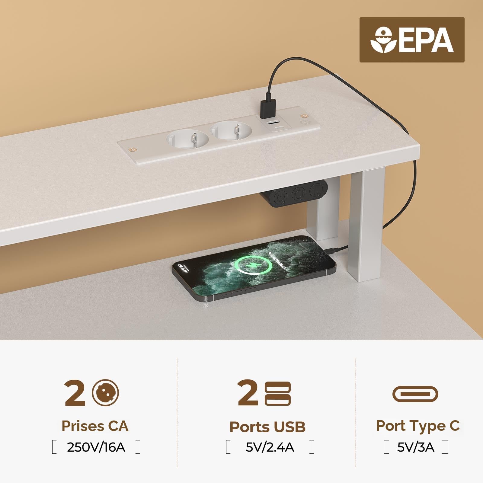 Rolanstar Bureau avec Rangement 100 cm - Table Ado 3 Tiroirs LED RGB Prises de Courant, Blanc