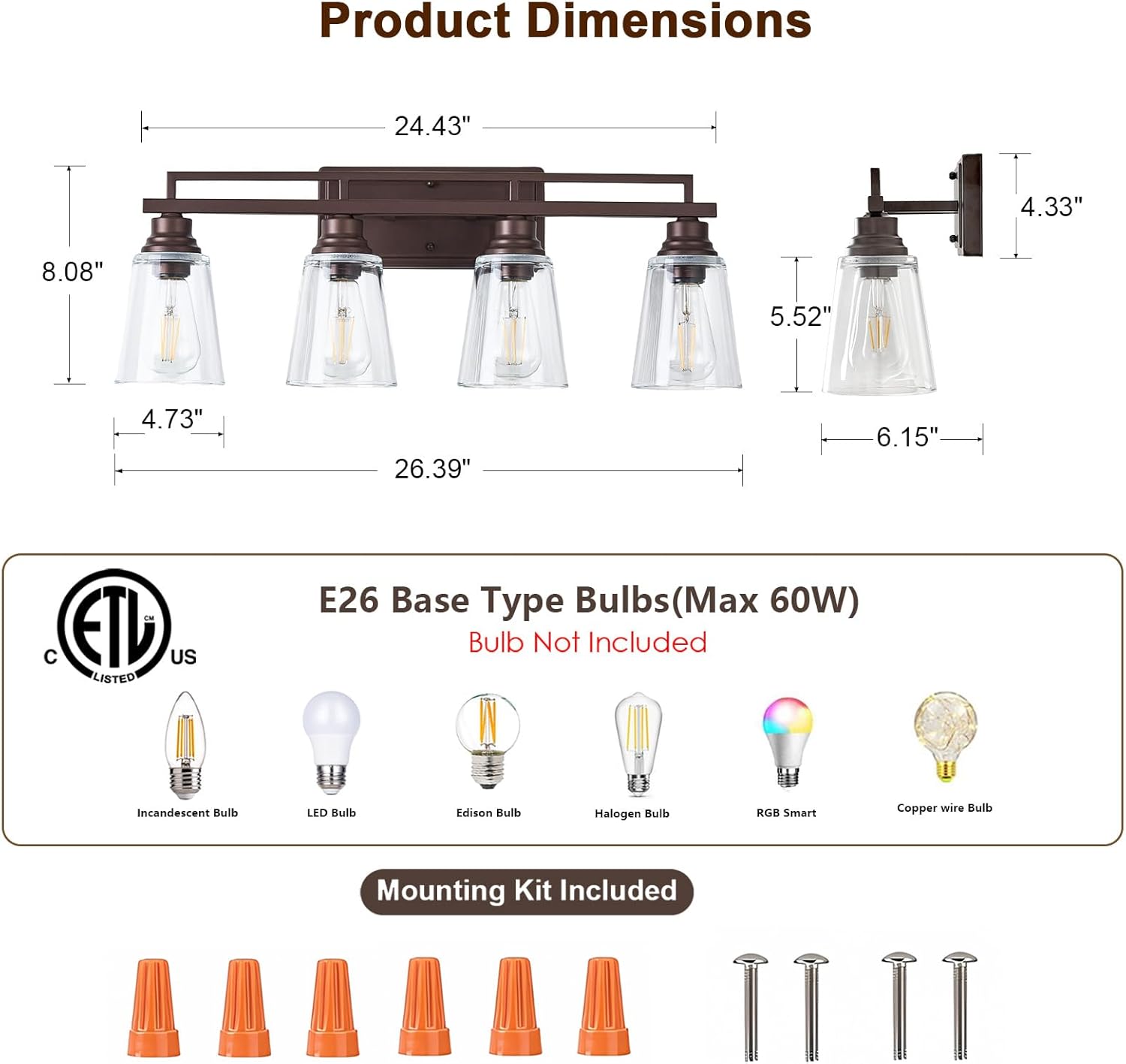 Refice 4-Light Bathroom Vanity Lights, Bathroom Light Fixtures with Clear Glass Shades, Vintage Oil Rubbed Bronze Wall Sconces Over Mirror for Living Room, Farmhouse, Hallway