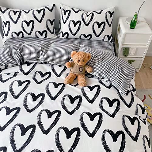 Wellboo Love Comforter Sets Queen Women Girls Black And White Heart Shaped Bedding Comforters Cotton Modern Brush Ink Love Pattern Quilts Luxury Kawaii Love Dorm Comforter For Kids Boys Farmhouse Bed #TOP1