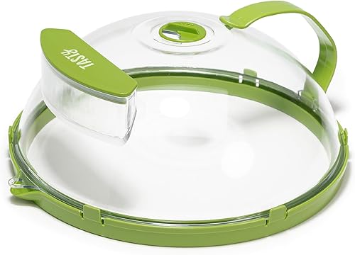 Tasty Cubierta para salpicaduras de microondas con vaporizador de agua integrado y depósito, se adapta a platos de hasta 9 pulgadas, ayuda a retener