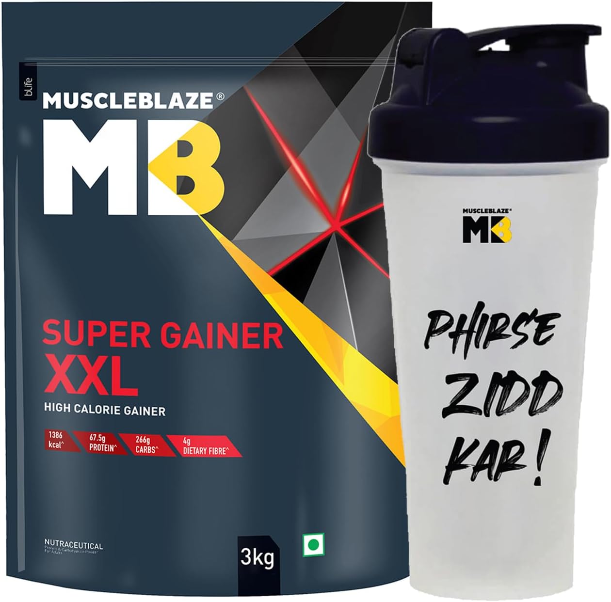 MuscleBlaze Super Gainer XXL, For Muscle Mass Gain (Chocolate, 3 kg / 6.6 lb, 30 Servings) with Shaker, 650 ml (Combo Pack)