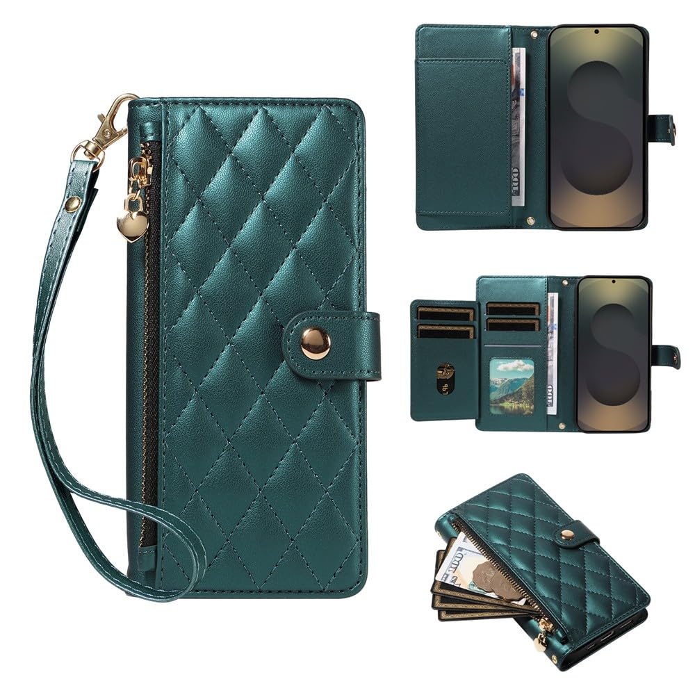 Étui portefeuille Samsung S10 Plus cuir vert avec fermeture éclair - 8