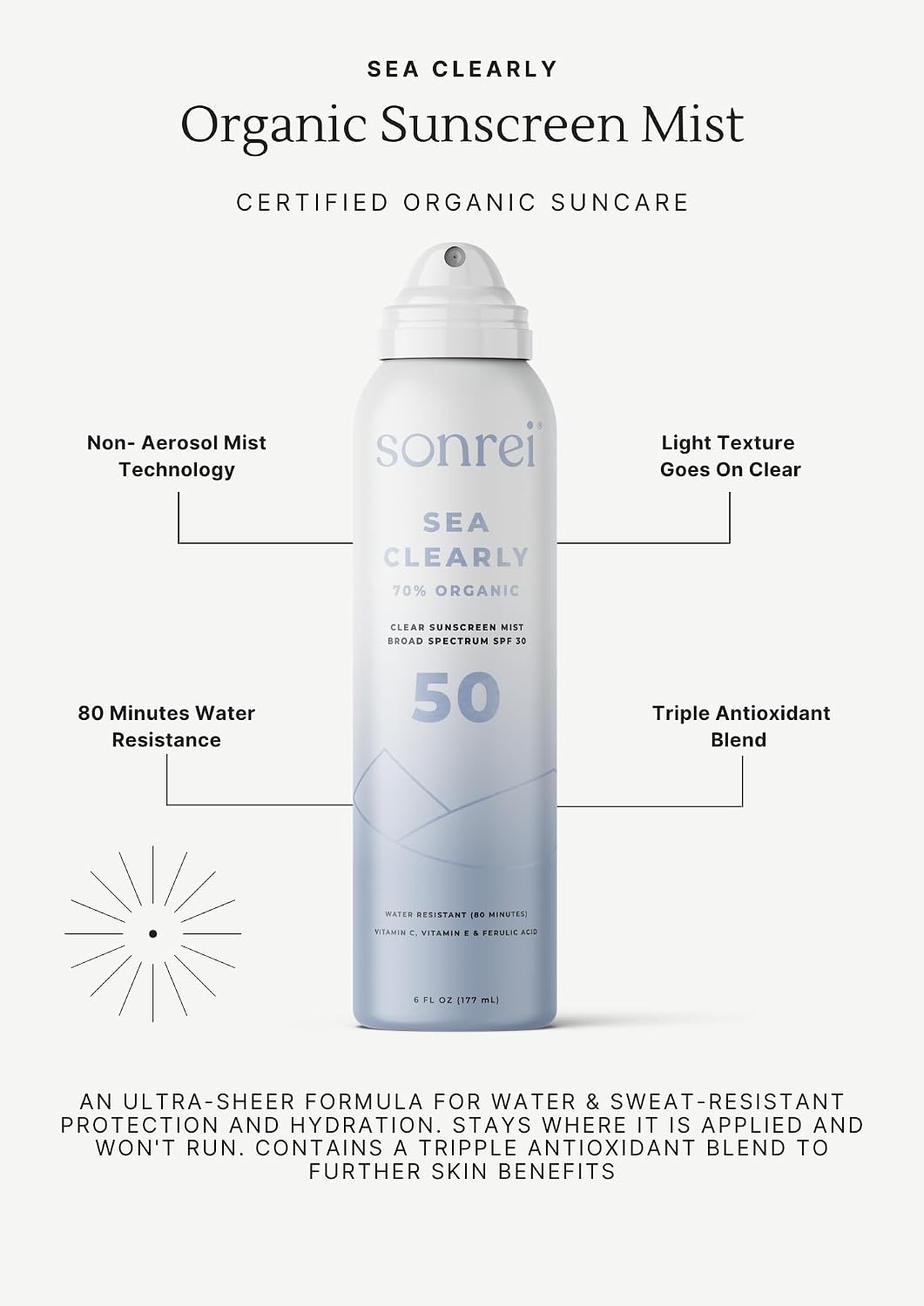 Sonrei Sea Clearly® Organic Mist Sunscreen | SPF 50, Broad Spectrum, Water-Resistant | Vegan, Non-Greasy | Ideal for Face & Body | 6 Fl Oz (Pack of 3)