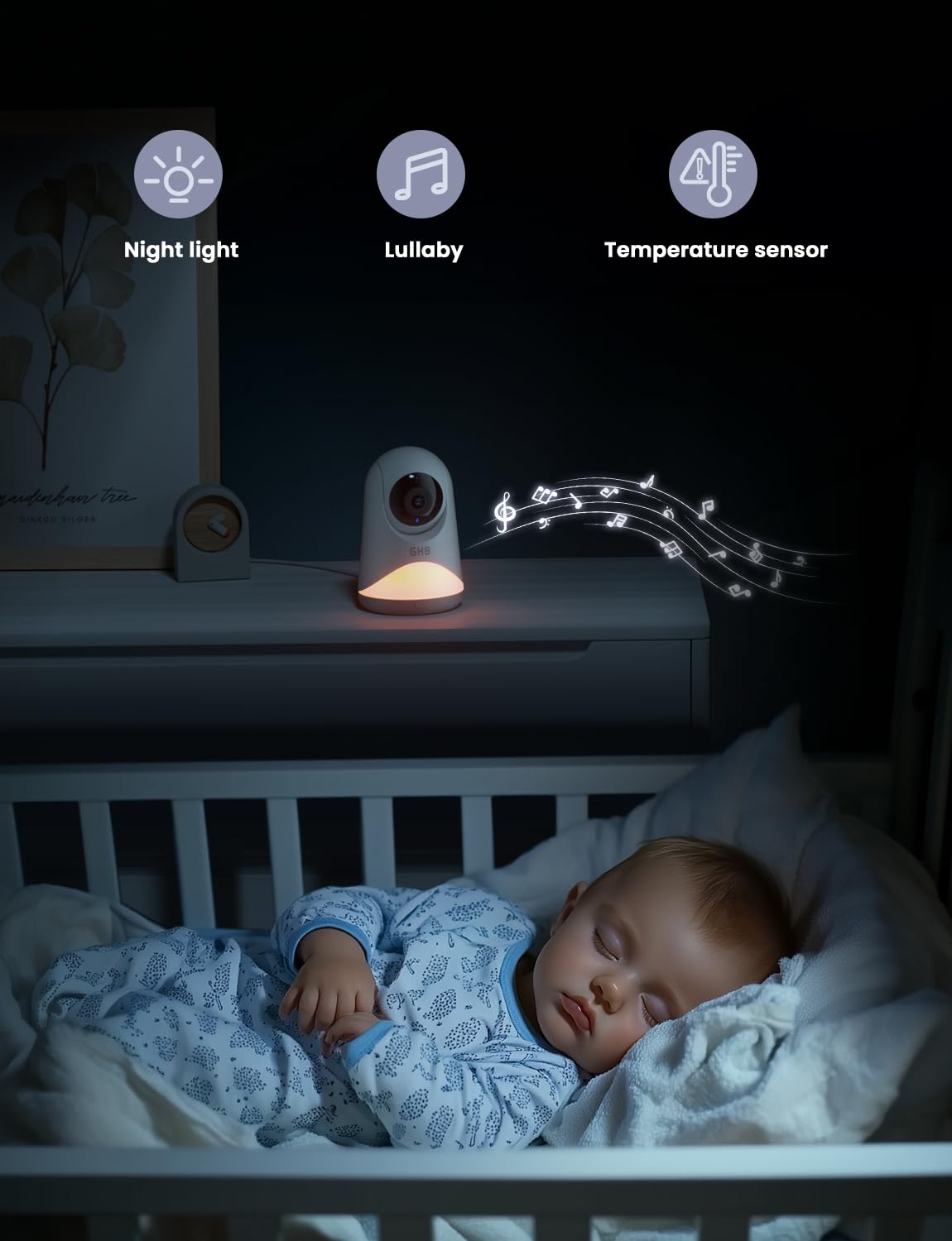 GHB Moniteur bébé avec caméra et vision nocturne Pan-Tilt Zoom 5 pouces 720p IPS Écran 2 voies VoX, température ambiante, berceuses