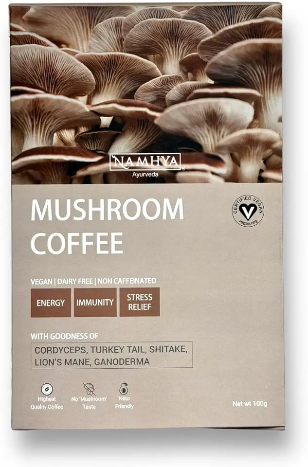 Namhya Ayurveda Mushroom Coffee for Cognitive & Immune Support with Lion's Mane, Turkey Tail, Cordyceps & Reishi Mushrooms - Caffeine Free Instant Coffee for Focus, Memory & Everyday Wellness - 100g