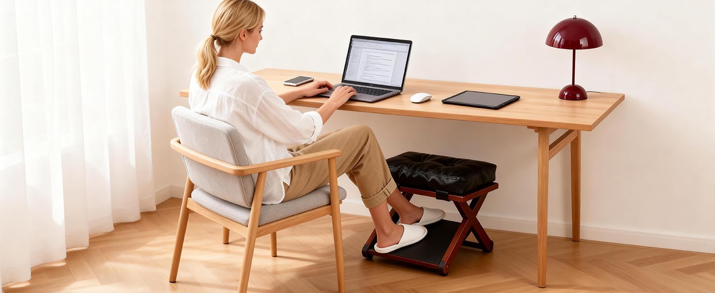 Wooden Under Desk Footrest with Non-Slip Rubber Stepping Surface, Ergonomic Foot Stool for Home Office Gaming Work Posture Support (Walnut Color)