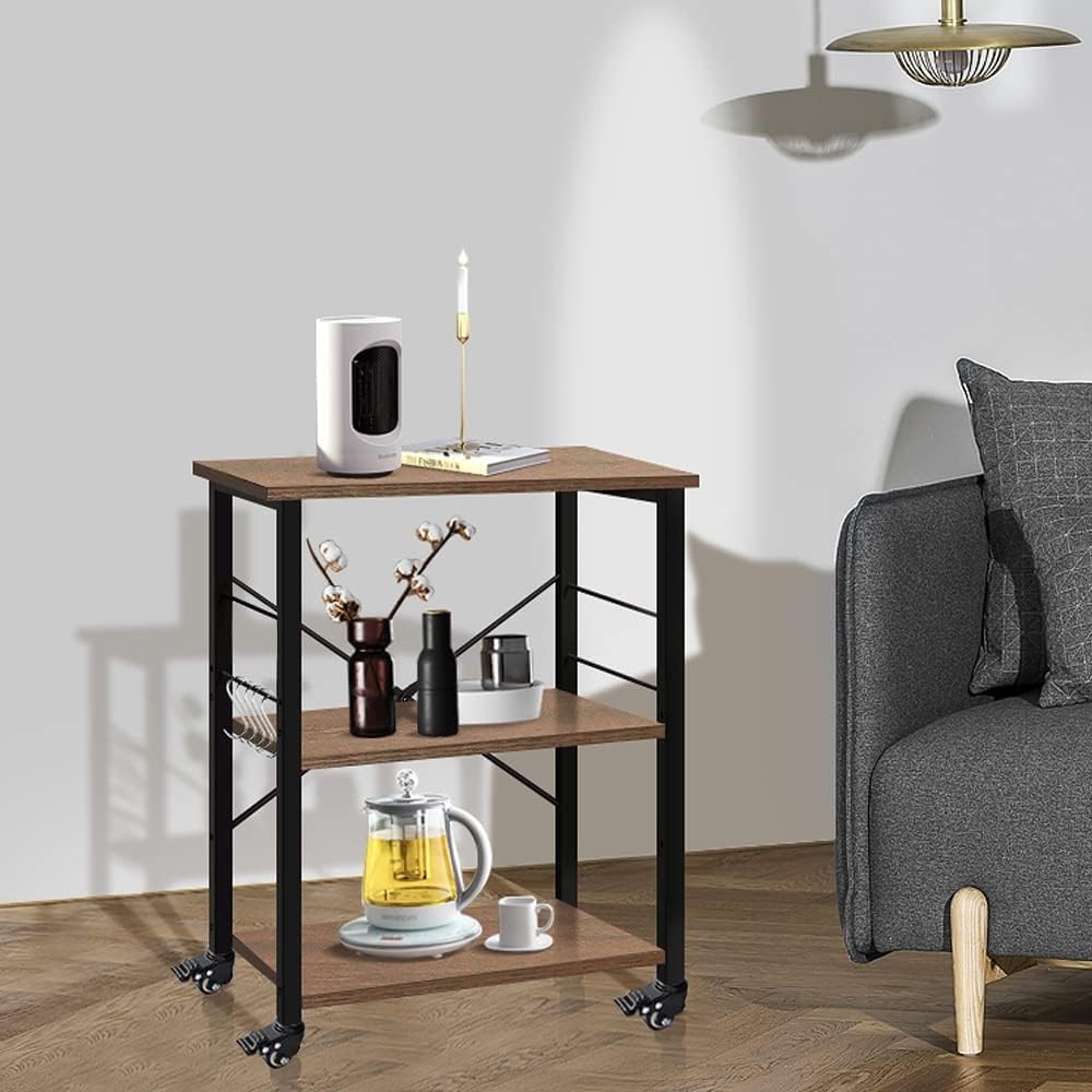 Cocina Scaffale da cucina a 3 livelli con 5 ganci, supporto for forno a microonde, ripiano mobile for workstation, marrone Estante de almacenamiento