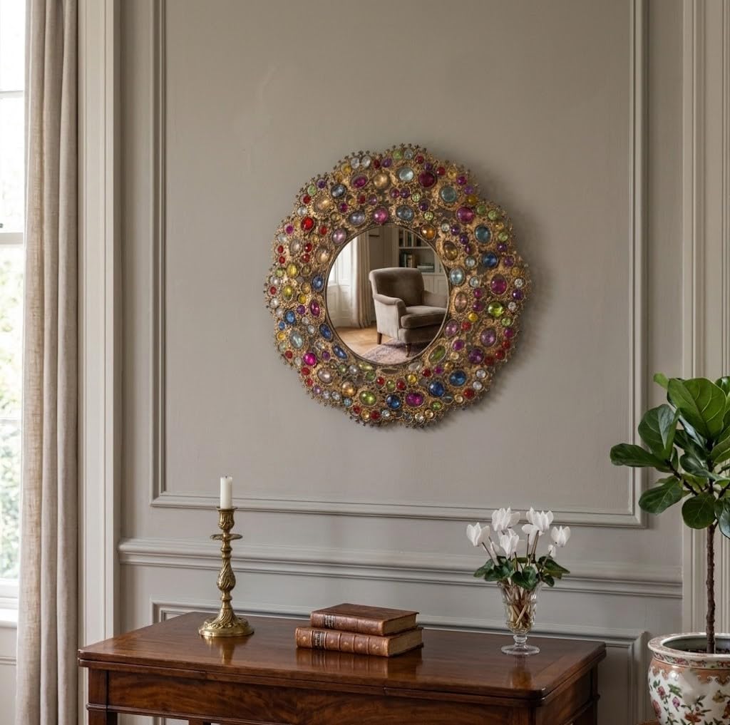 Miroir rond mural en verre avec embouts colorés de style ethnique