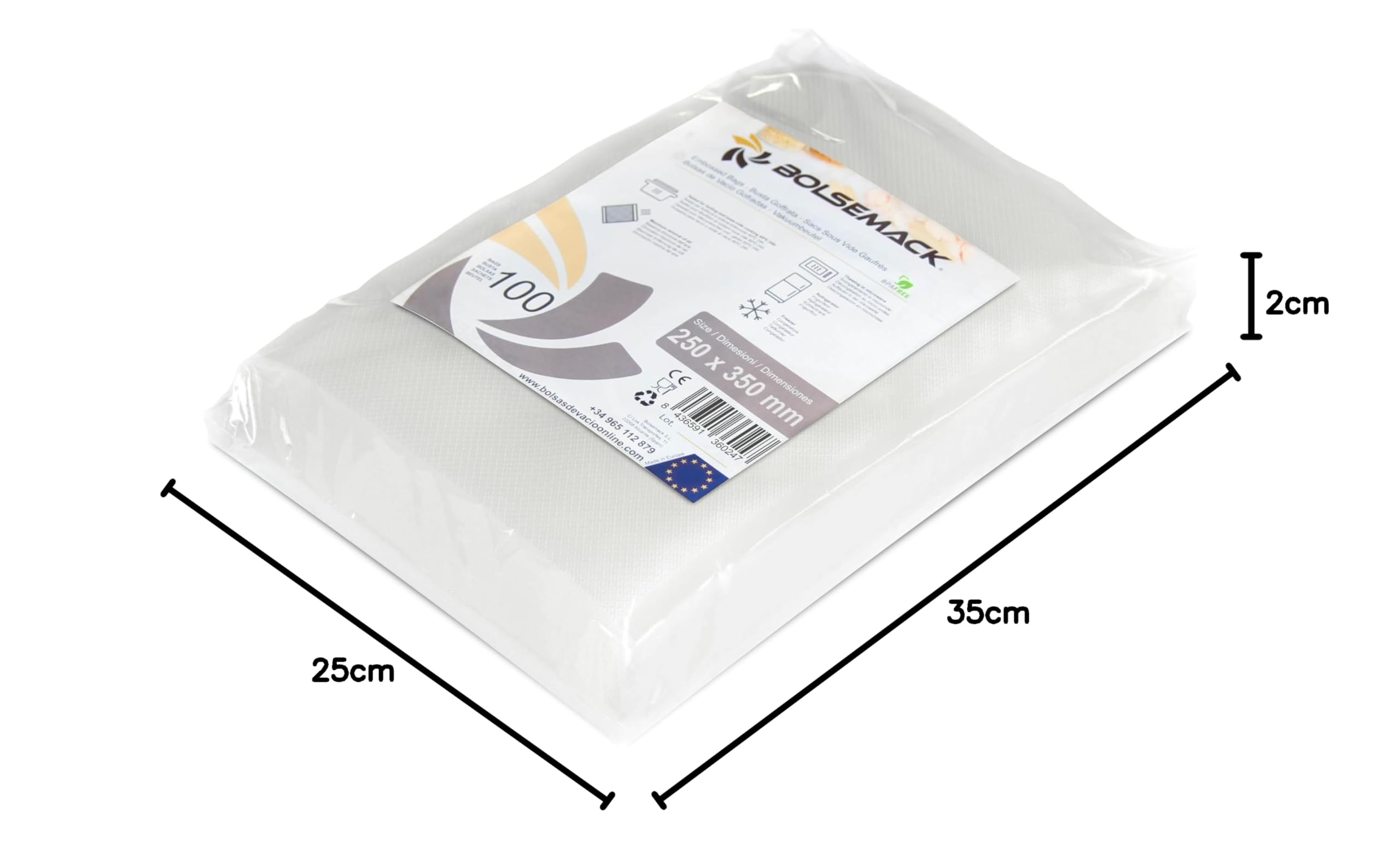 BOLSEMACK Sacchetti Sottovuoto Alimenti 100 Buste 25x35cm - Buste Sottovuoto Alimenti per Macchine Sottovuoto - Sacchetti per Sottovuoto per la Conservazione Degli Alimenti - Senza BPA