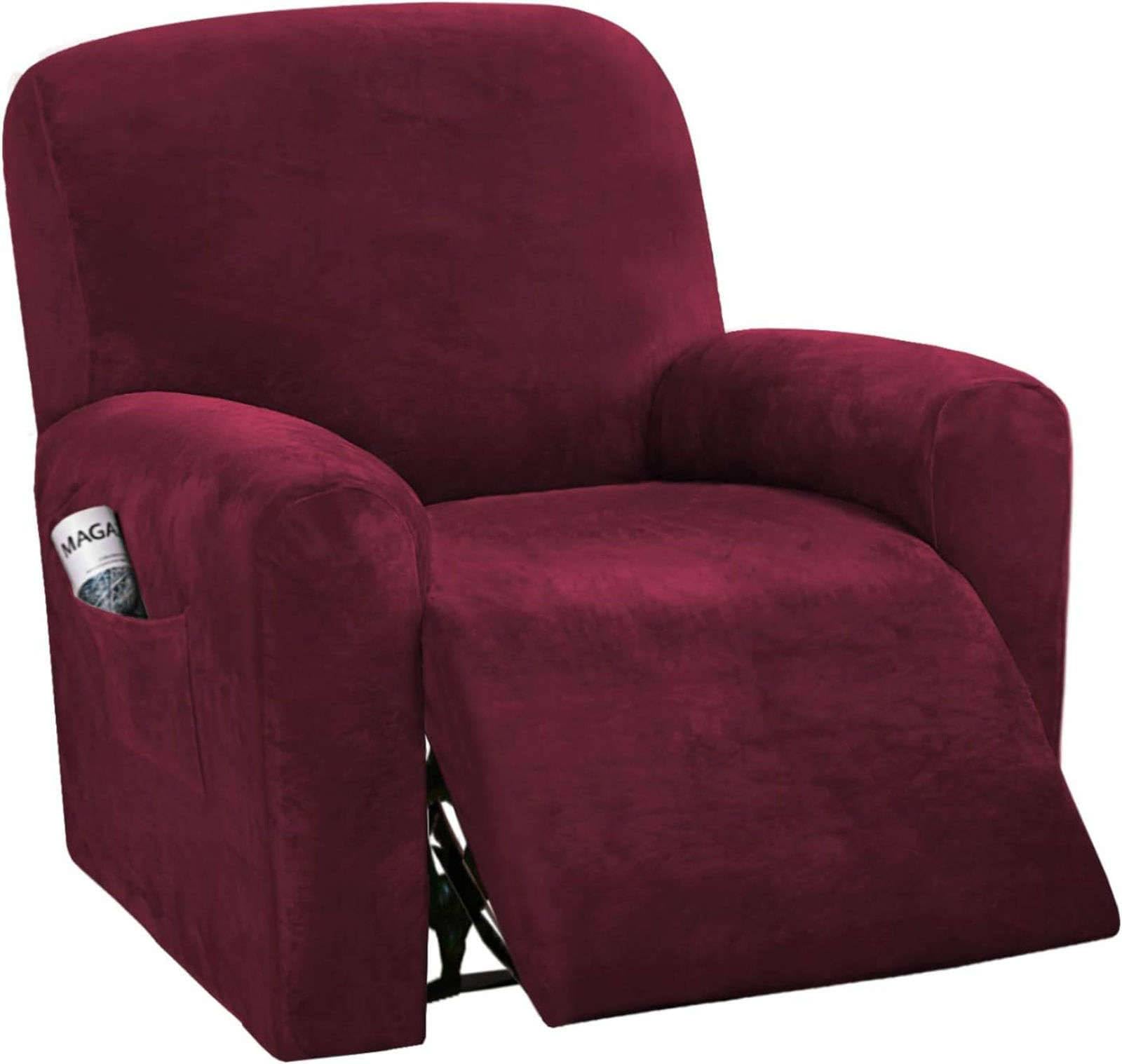 CLGTY Stretch Velvet Recliner Sofa Covers, 4-piece With Pocket Lazy Boy Reclining Sofa Slipcover Non Slip Armchair Covers For Kids Pets-wine red-chair