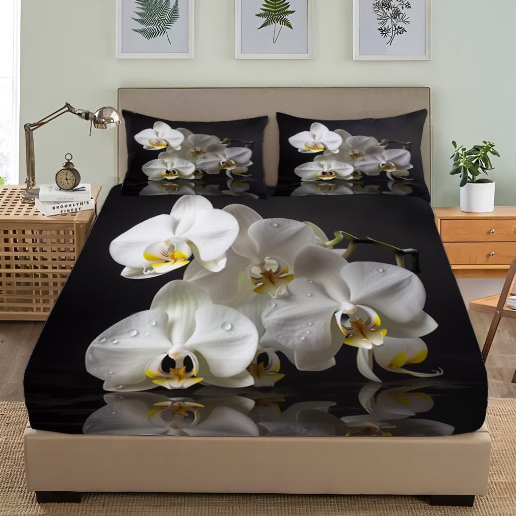 Prześcieradło z gumką 200 x 200 cm Magnolia Kwiaty 3D o wysokiej rozdzielczości, miękkie, oddychające dla 2 osób, prześcieradło z gumką - głęboka kieszeń 30 cm, biały zestaw pościeli dziecięcej z