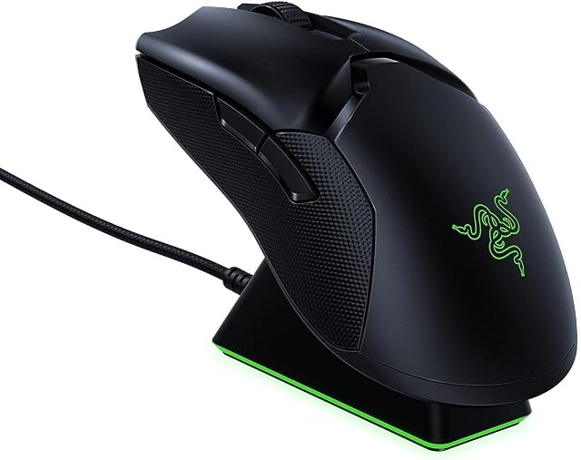 Razer Viper Ultimate  Wireless Esports Gaming Mouse (bezprzewodowa mysz dla graczy oburęcznych o wadze 74 g, kabel Speedflex, optyczny ognisk, czujnik i oświetlenie RGB Chroma) ze stacją ładującą  czarna