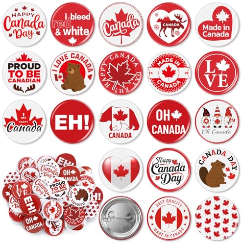 Huquary 80 Pcs Canada Souvenir Gifts Canada Metal Button Pin Gifts Bulk Canadian Maple Leaf Flag Red White Round Badge for Women Men Beaver Travel Birthday Party