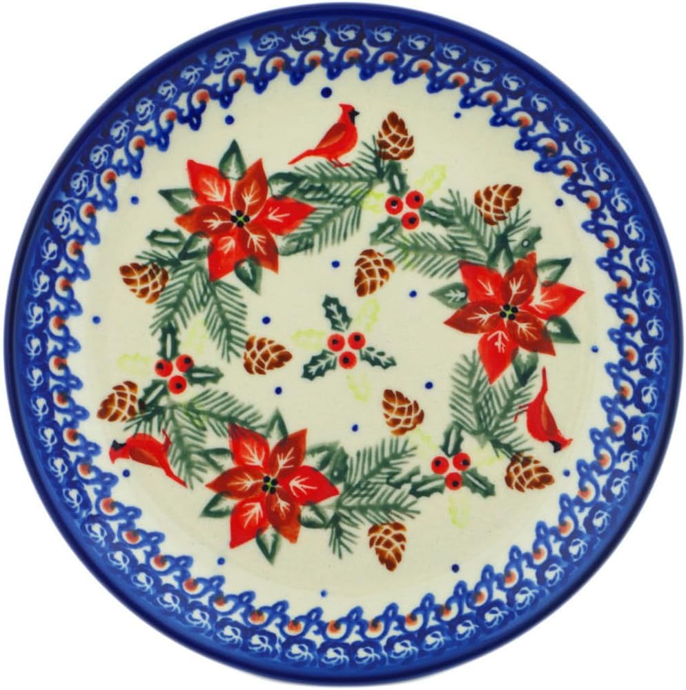 Polmedia Polish Pottery Dessert Plate UNIKAT - Cardinal's Home Pattern Handmade in Boleslawiec Poland by Ceramika Bona + Certificate of Authenticity