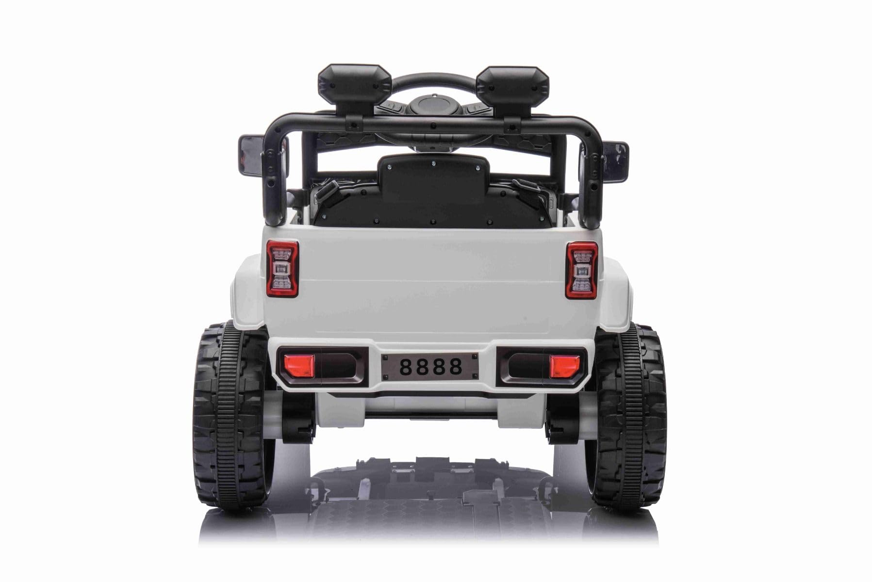 Voiture électrique Enfants Offroad New avec Traction arrière, Blanche, Batterie Lithium, châssis Haut, siège Large, Suspension arrière, télécommande 2,4 GHz, Lecteur MP3 avec USB/AUX, lumières LED