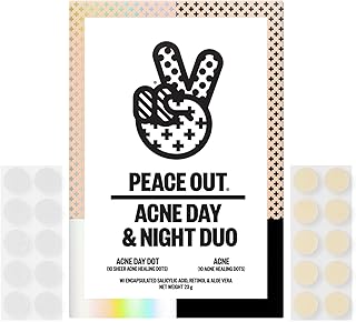 Peace Out Skincare Acne Day & Night Duo. 6-hour Fast Acting Sheer Hydrocolloid Pimple Patches and Overnight Acne Dots with Salicylic Acid, Stickers to Cover and Clear Breakouts, 20 dots