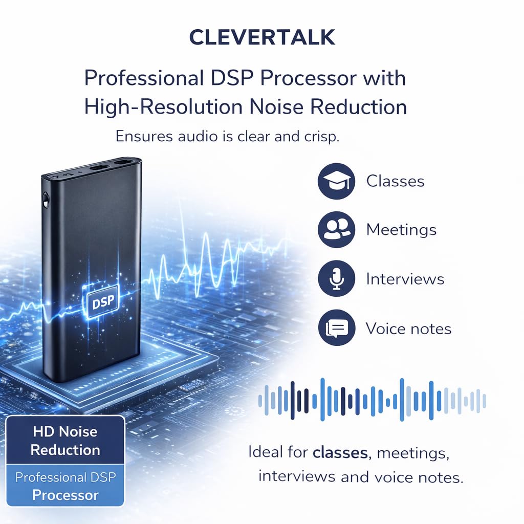 CleverTalk Q1 Grabadora de Voz con IA | Activada por Voz | App Móvil, Mac, Windows y Web | Cloud Europea GDPR | 64GB | Audio HD 1536kbps | USB-C (64, GB)