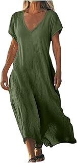 Linen Casual Dresses for Women Flowy V Neck Short Sleeve 2025 Maxi Dress Lightweight Summer Beach Vacation Clothes - Buy now