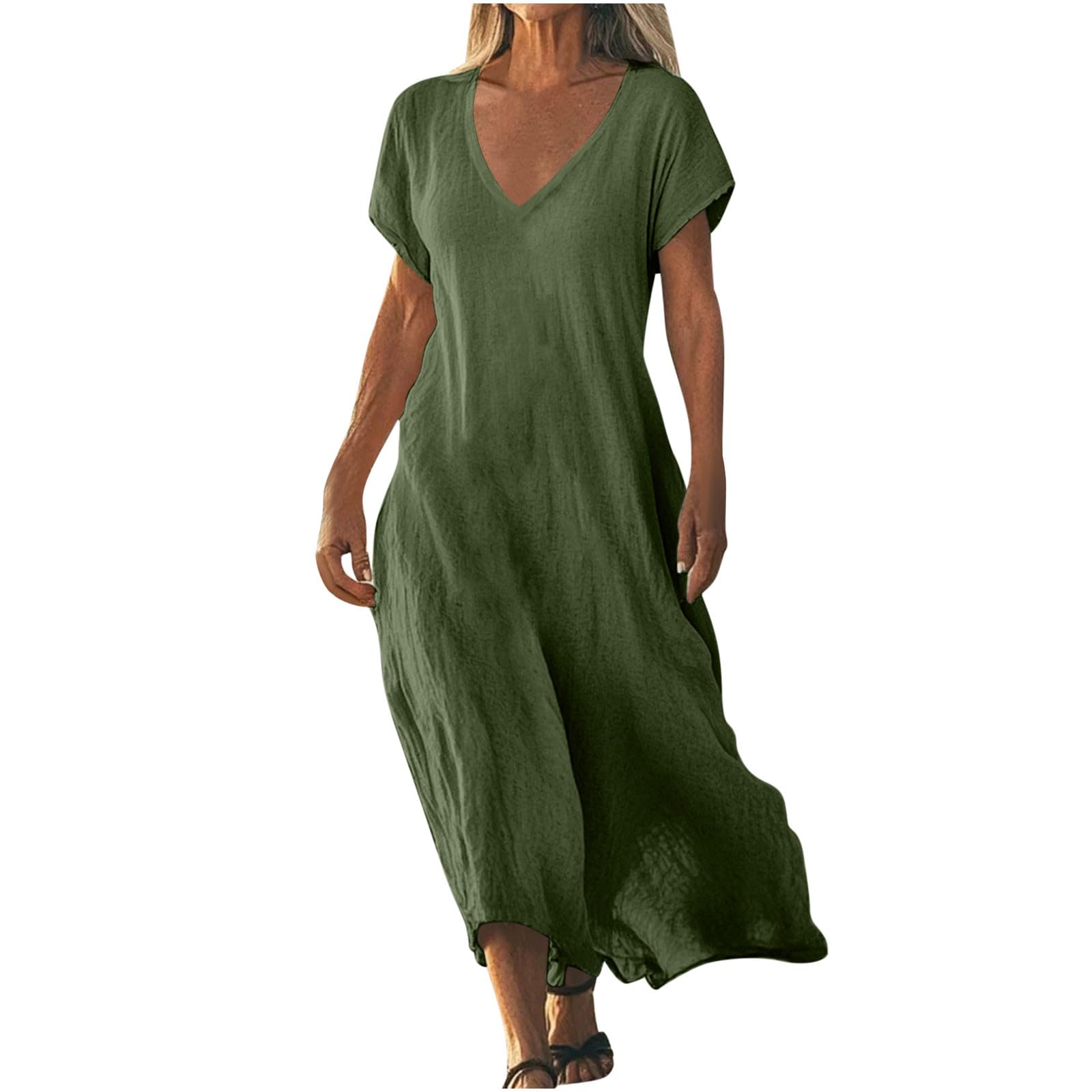 SHOPESSA Linen Dresses for Women 2025 Summer Casual Loose Flowy Maxi Dress Short Sleeve V Neck Dress Beach Vacation Outfits