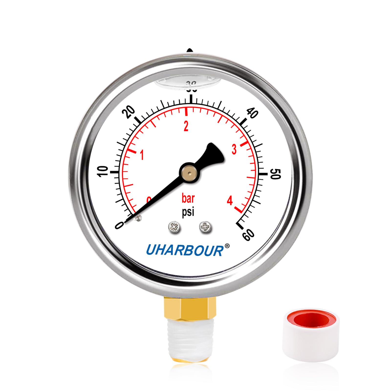 UHARBOUR Glycerin Filled Pool Filter Pressure Gauge 60psi/4bar, Stainless Steel Case, Brass Inside Construction, 2-1/2" dial, 1/4" NPT Lower