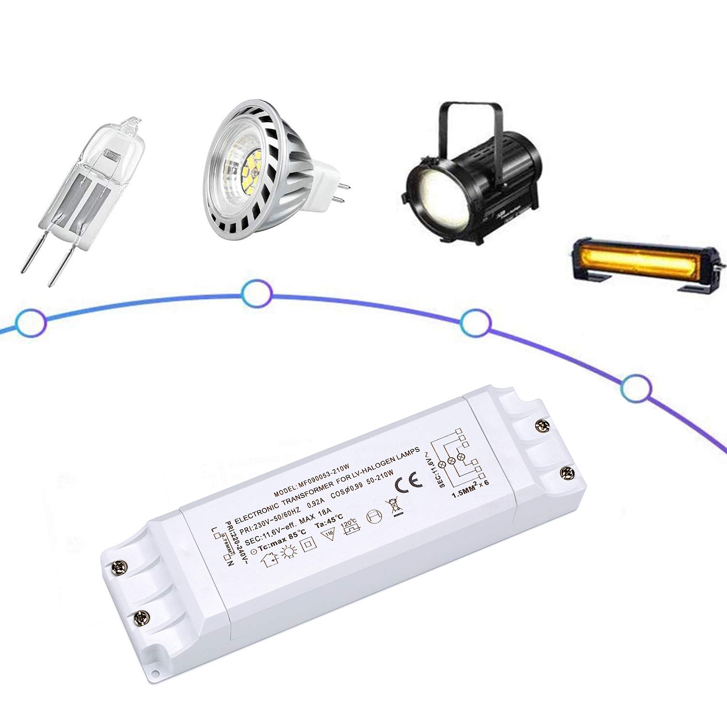 Yafido Halogène Driver Transformateur électronique 50–210W pour Halogènes Ampoule 0.92A 12V AC