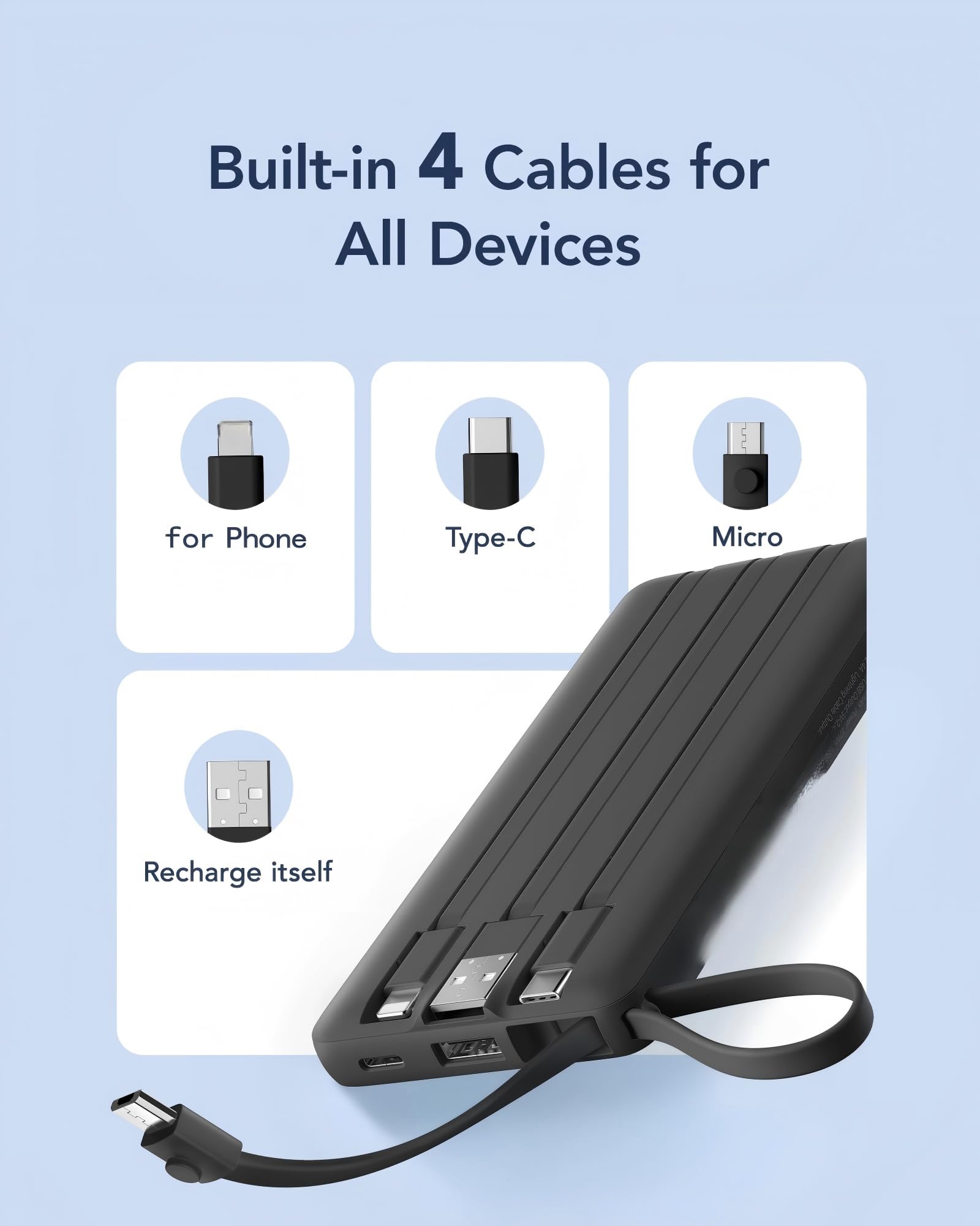 VRURC Portable Charger, Slim Power Bank Built-in 4 Cables, Travel Essential view 4