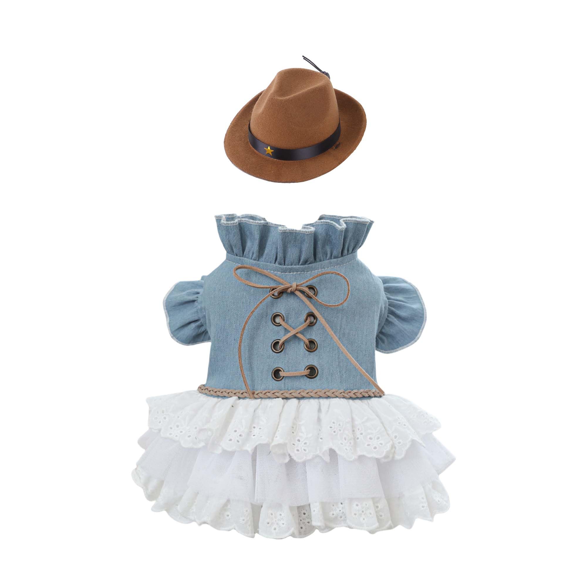Abito in Denim da Cowgirl per Cani Occidentali con Cappello per Cani, Costumi per Animali Domestici Halloween Texas Cowboy Cowgirl Abiti per Cani di Piccola Taglia Ragazza Abbigliamento per Gatti