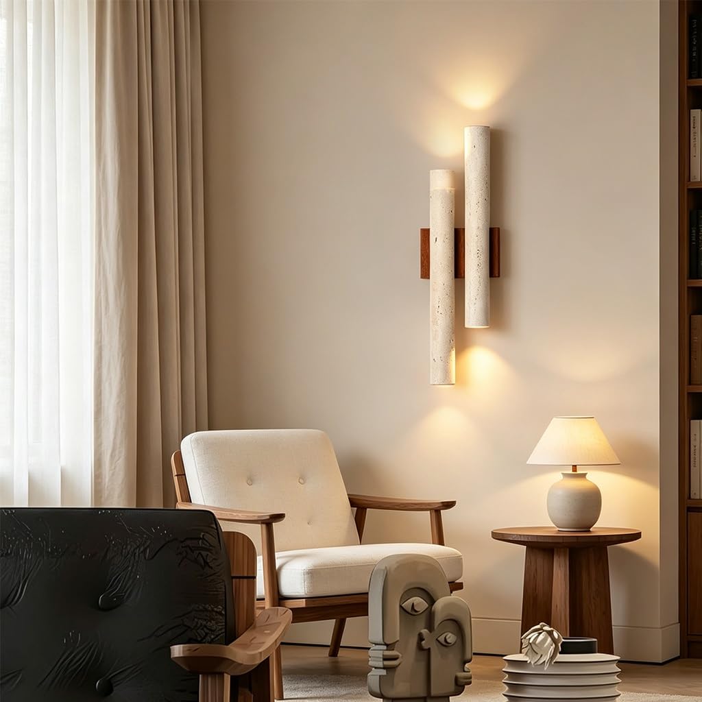 Aplique De Pared Piedra Wabi Sabi Moderno Largo Lámpara Pared Luz Cálida Iluminación Mural Travertino Natural 4 Casquillos G9 50cm Longitud Salón Dormitorio Café Hotel Decoración Interior