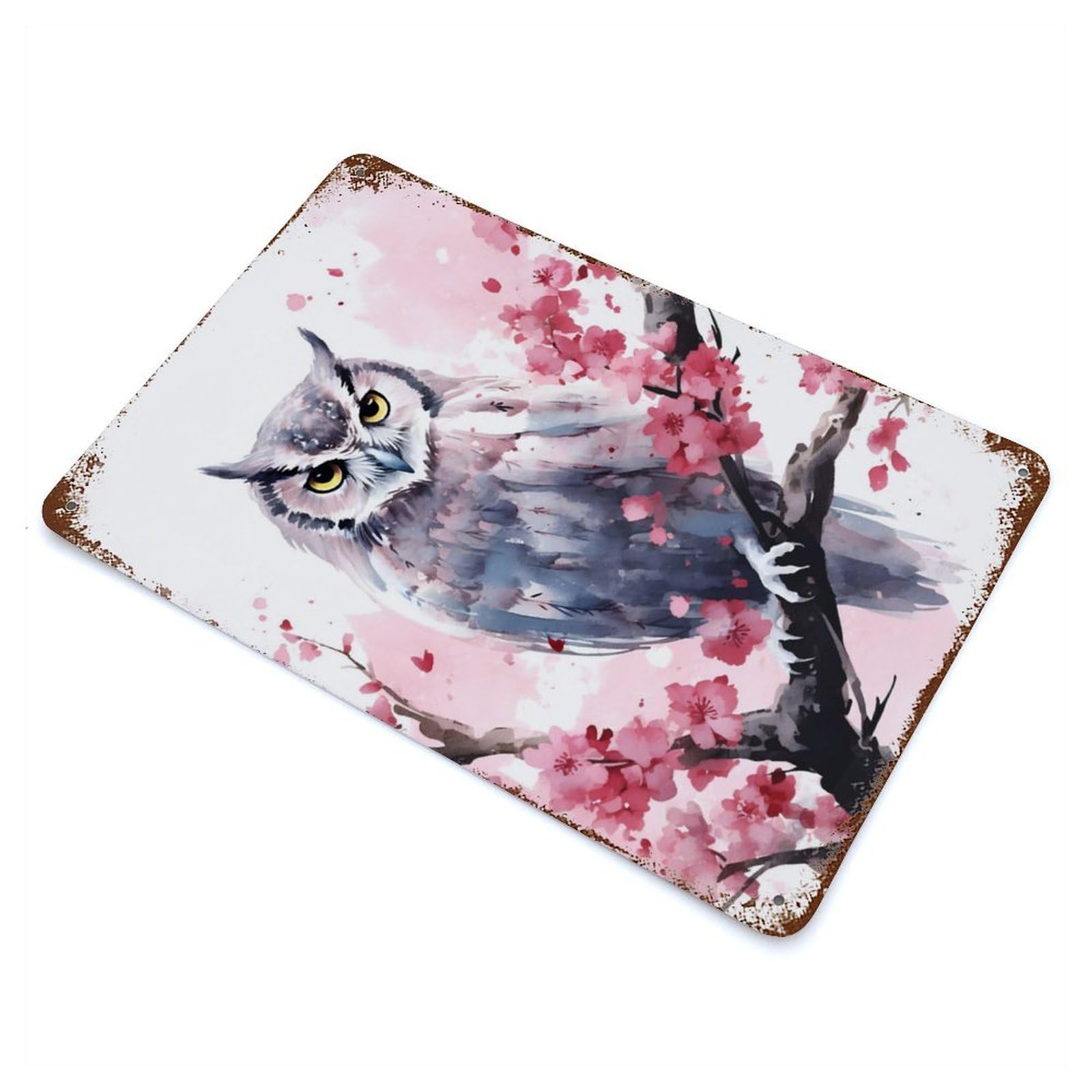 Owl Watercolor Vintage Wall Sign 11.8"x7.9", Rust Effect Metal Decor for Cafe, Home Bar And Lounge Decor
