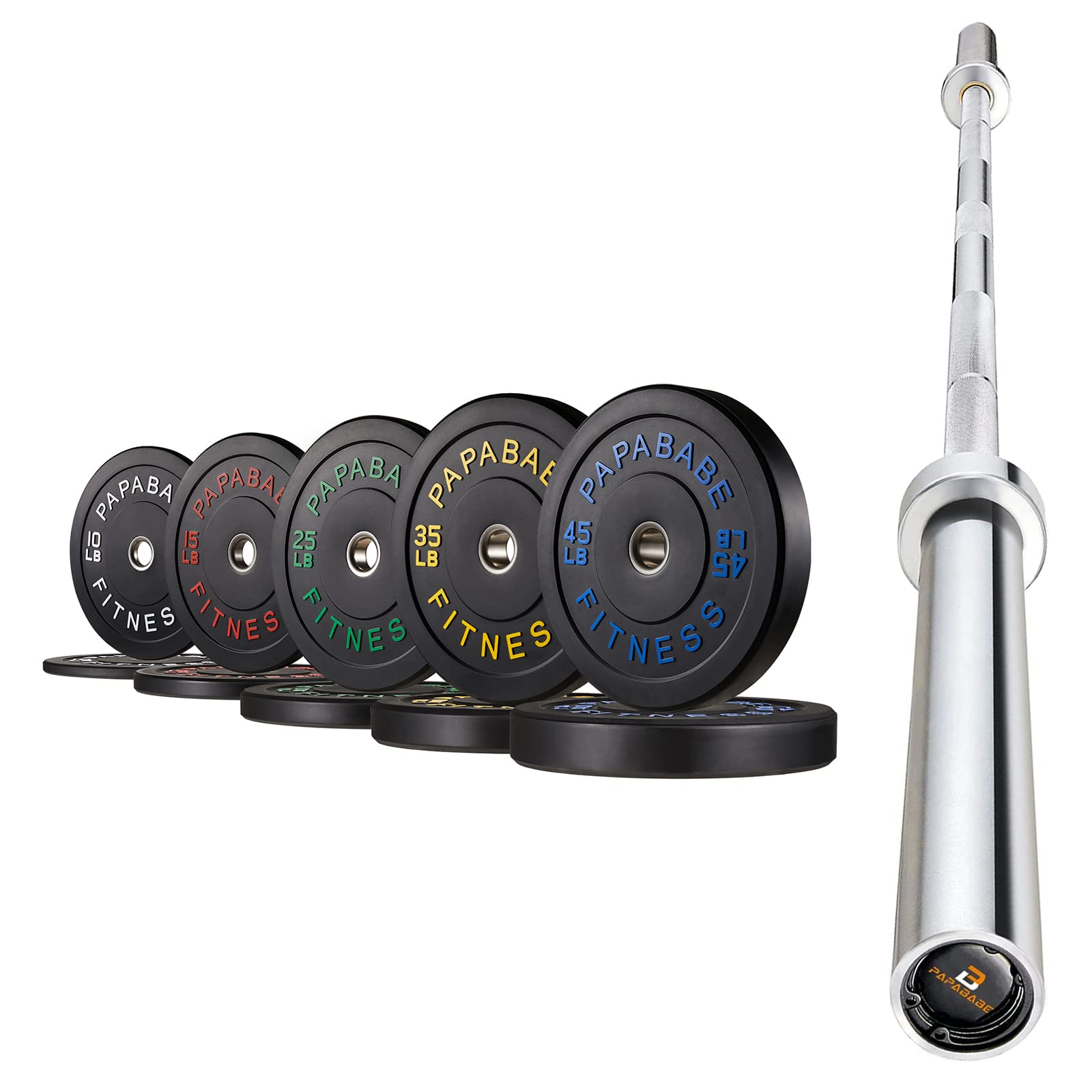 papababe 2 Inch Bumper Plates Set with 7-Foot Olympic Barbell, Color Coded Rubber Weight Plates with Steel Insert, Chrome Bar for Weightlifting Powerlifting (260LB + Bar)