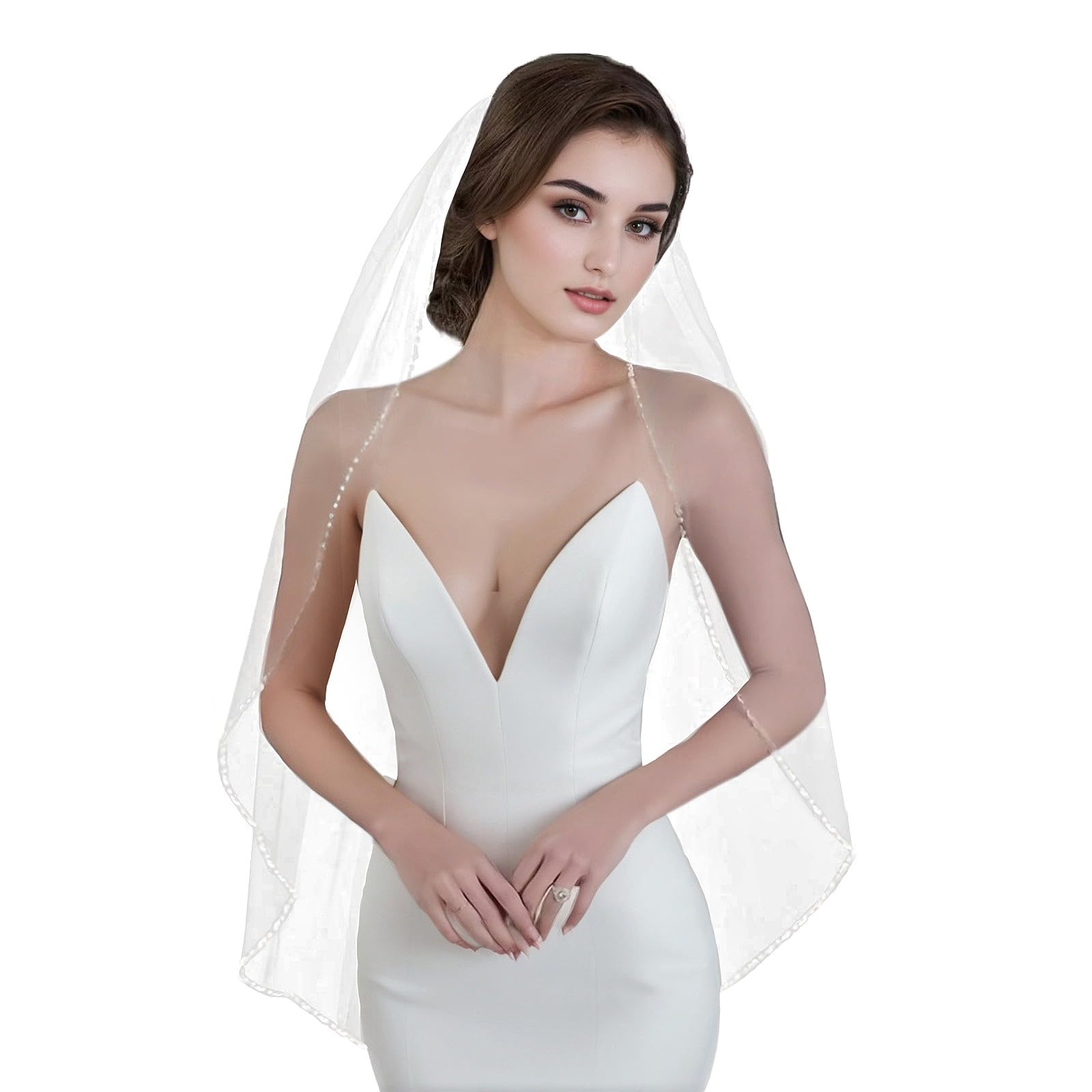 GAODESI Wedding Veil Pearls and Crystals Beaded Edge 1 Tier Fingertip Length Bridal Veil