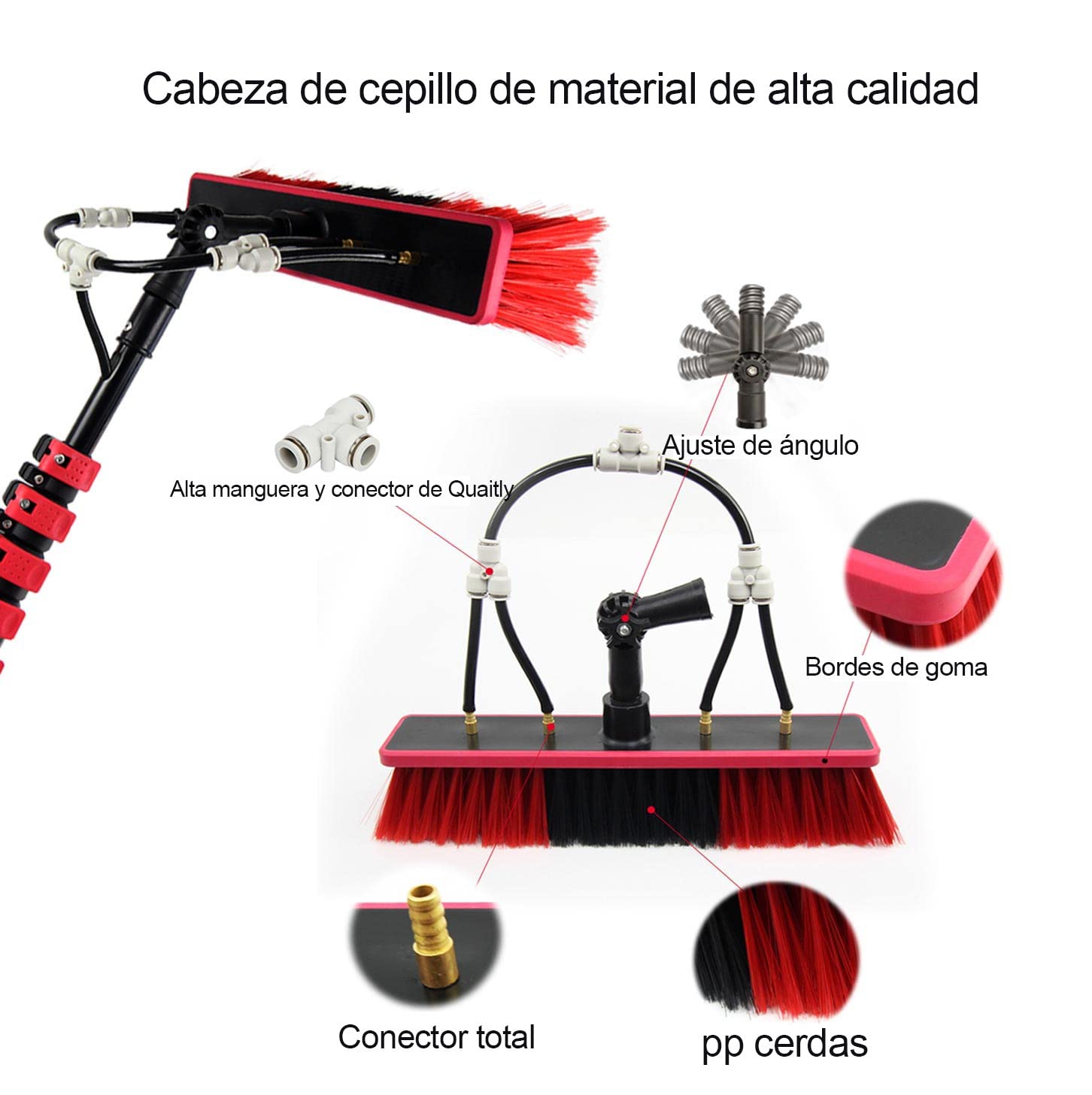 20ft/6mlimpieza Paneles solares Kit de Lavado de Ventanas con Accesorio de Manguera de Poste de Extensión con Tubo de Entrada de 20mCabezal de Cepillo de 50cm Cepillo Limpieza Paneles solares