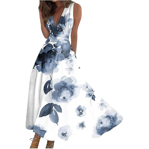 Summer Dresses for Women 2024 Swing A Line Floral Fashion Outdoor Dress Sleeveless V Neck Long Maxi Dress