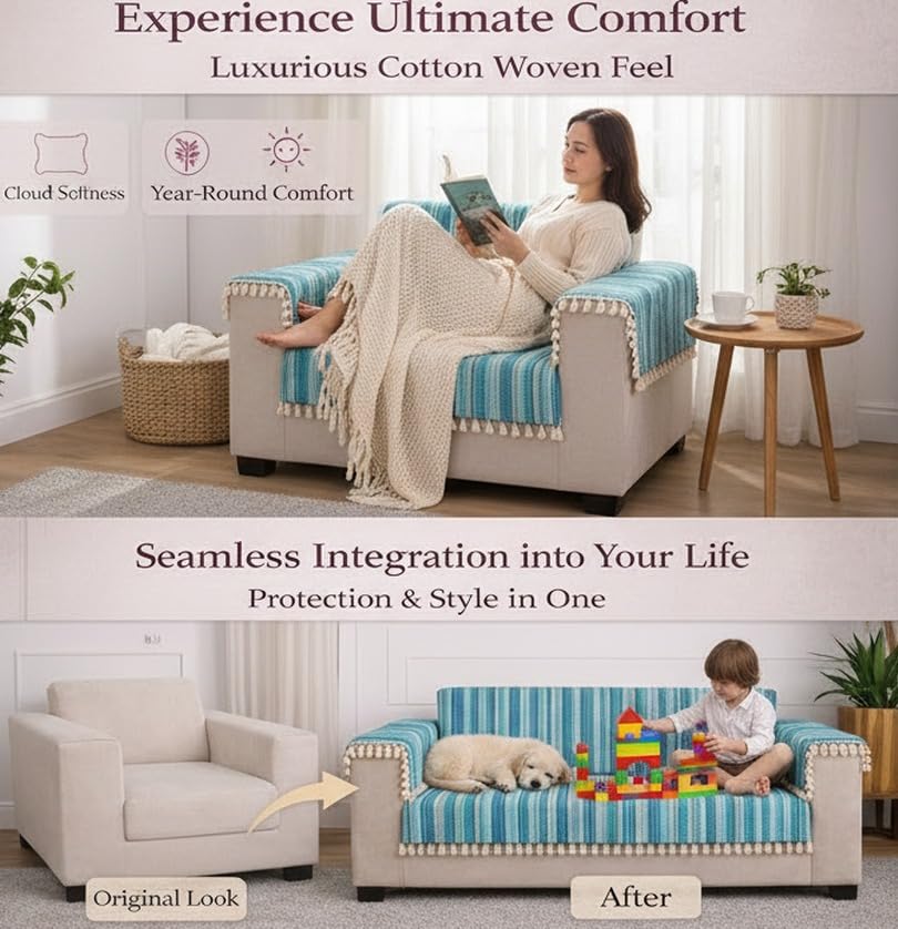 Image of STITCHNEST Woven 1 Seater Sofa Protector with 2 Hand Rest Covers - Blue & White Stripe Design - Washable Fabric with Tassels - Stylish Sofa Cover for Modern Living Room & Furniture Decor
