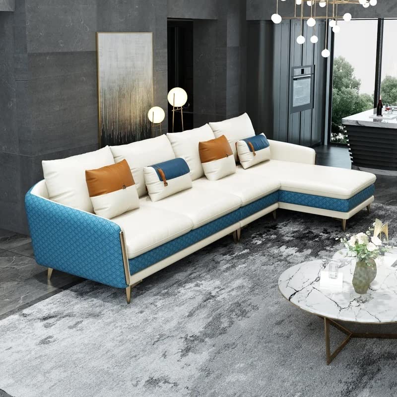 Image of Sofa Set T&T Co. Unique Verstile Design 3 Seater Sofa and 1 Chaise Luxury Imperia Collection Cushion Back with Upholstered Soft Touch Premium Leatherette for Living Room Loung (Blue & White)