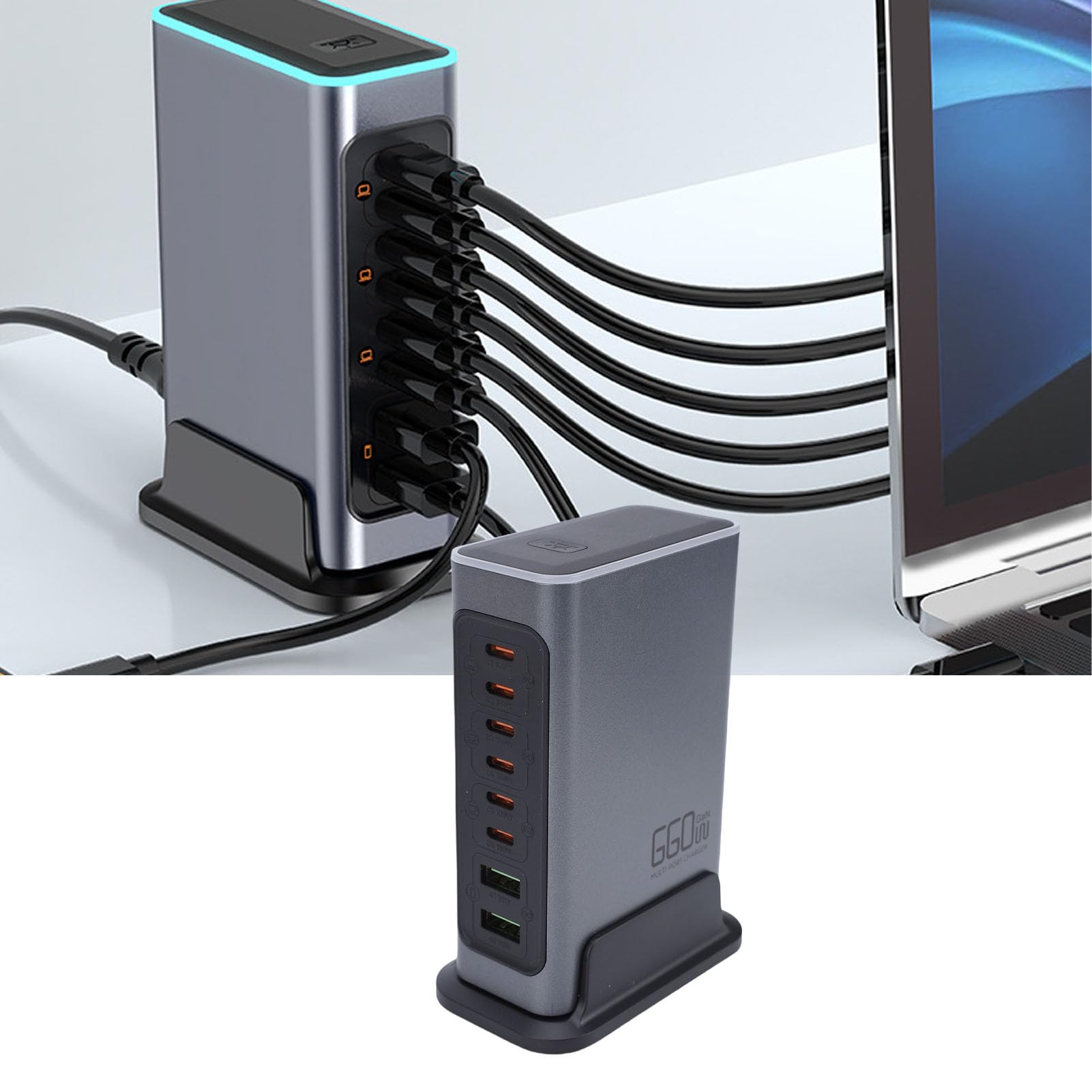 Jectse Blok Szybkiej ładowarki USB C Koncentrator Stacji ładującej GaN, PD3.0 6 PortóW USB C Hub ładujący 140 W do Wielu urządzeń Telefon Laptop, 2 Porty USB A, Stacja Szybkiego (wtyczka UE)