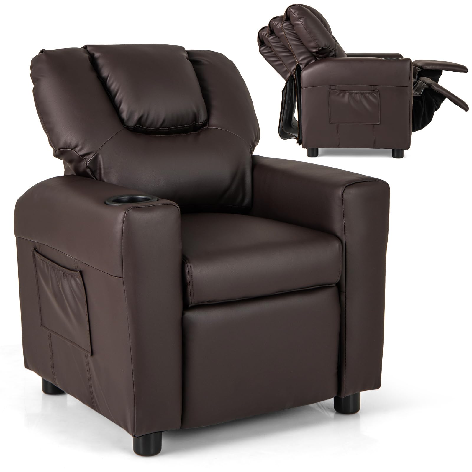 Costzon Kids Recliner Chair with Cup Holder, Toddler Furniture Children Armrest Sofa w/Headrest & Footrest for Girls Boys Baby Bedroom, PU Leather Kids Recliner Couch up to 154 lbs