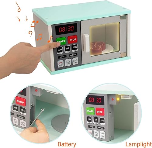 Miniatura 4 de Juguetes de cocina para niños pequeños, horno microondas de madera con sonido ligero y realista, accesorios de cocina de juego de simulación,
