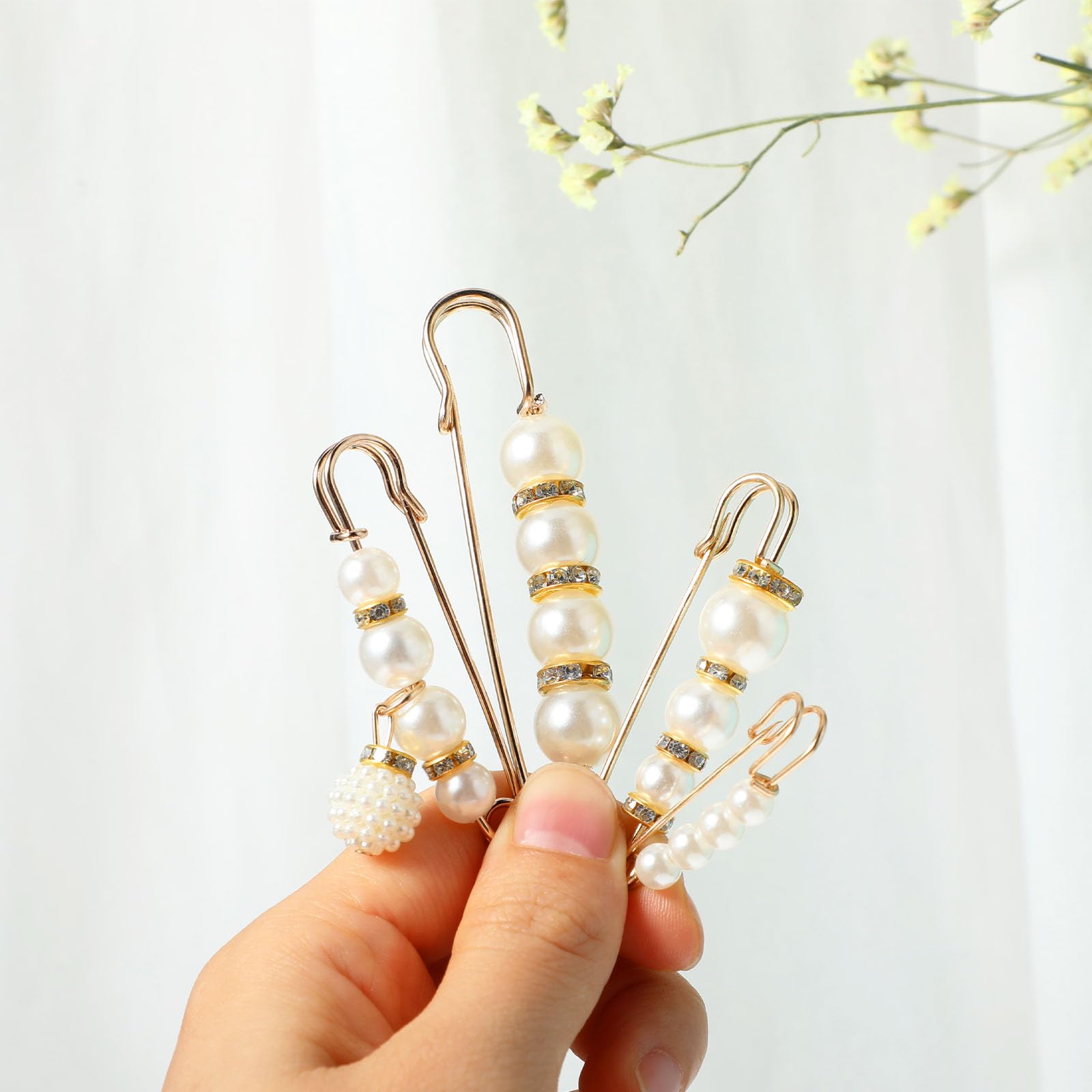 YUXIANLB 8 Pcs Pearl Brooch Pins, Safety Pins for Clothes, Faux Pearl Brooches for Women Girls Pant Waist Tightener Pearl Pins, Decorative Safety Pins for Clothing, Jeans, Waist Pants Extended 1