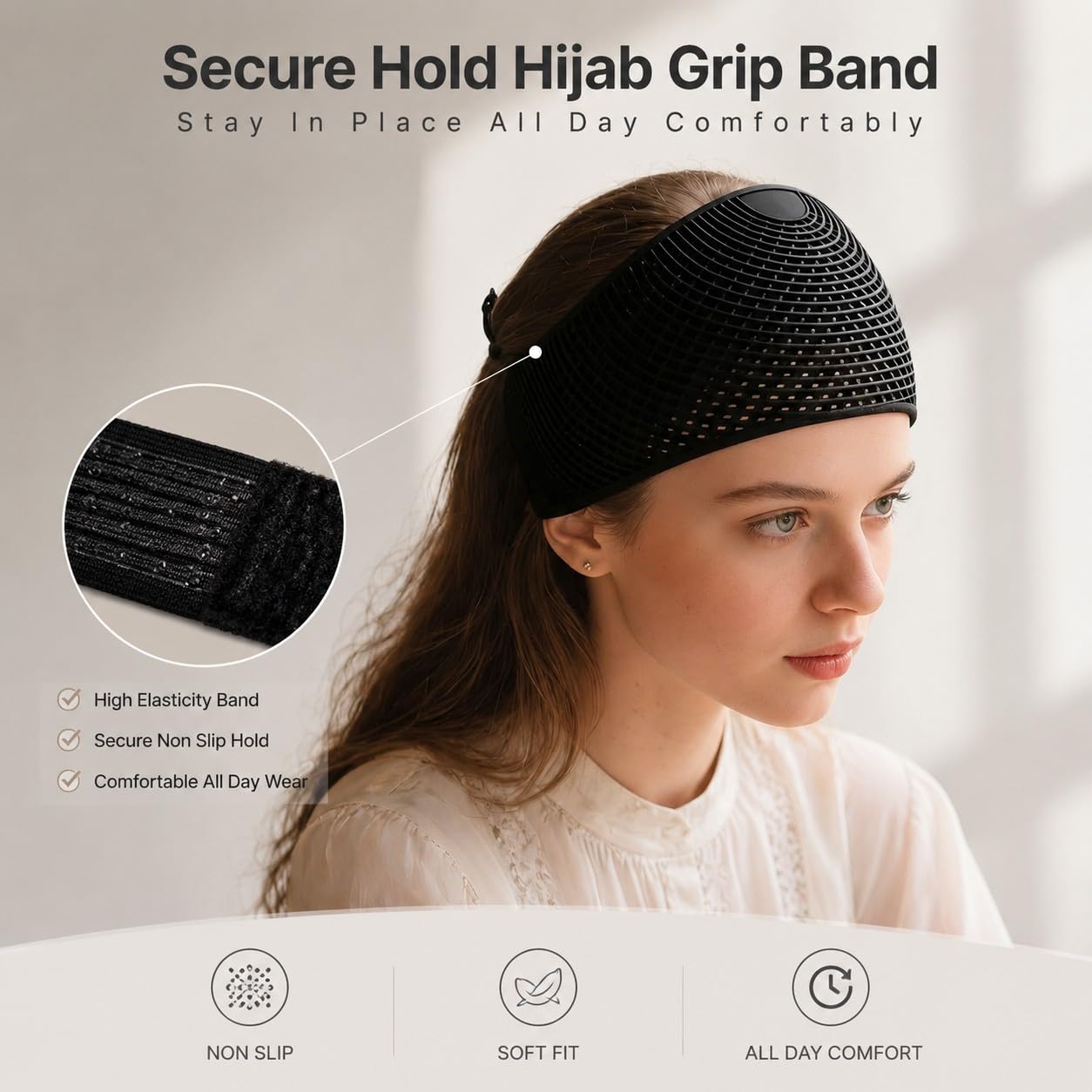 Non Slip Hijab Crown Headband - 2 Pack Elastic Lightweight Hair Grip, Band Base Layer Sport Hijab Cap for Workout Sports Daily Use Black (Black)