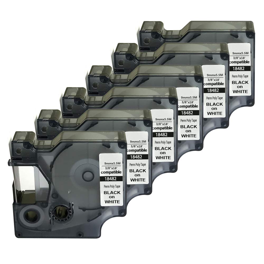 NEOUZA Nastro per etichette permanente, in poliestere, compatibile con DYMO Rhino Industrial IND, nero su bianco, larghezza 0,95 cm, lunghezza 4,7 m, confezione da 6 pezzi