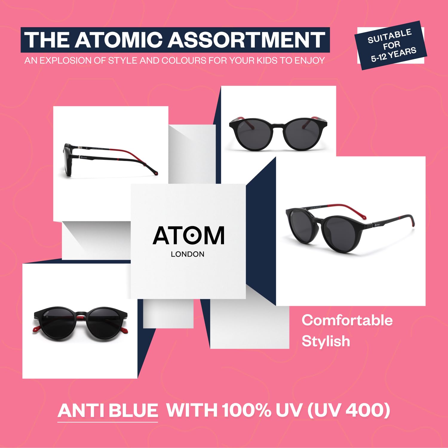 Gafas de bloqueo de luz azul ATOM 2 en 1 para niños, 100% protección UV con clip magnético, adecuadas para niños de entre 5 y 12 años para niños y niñas