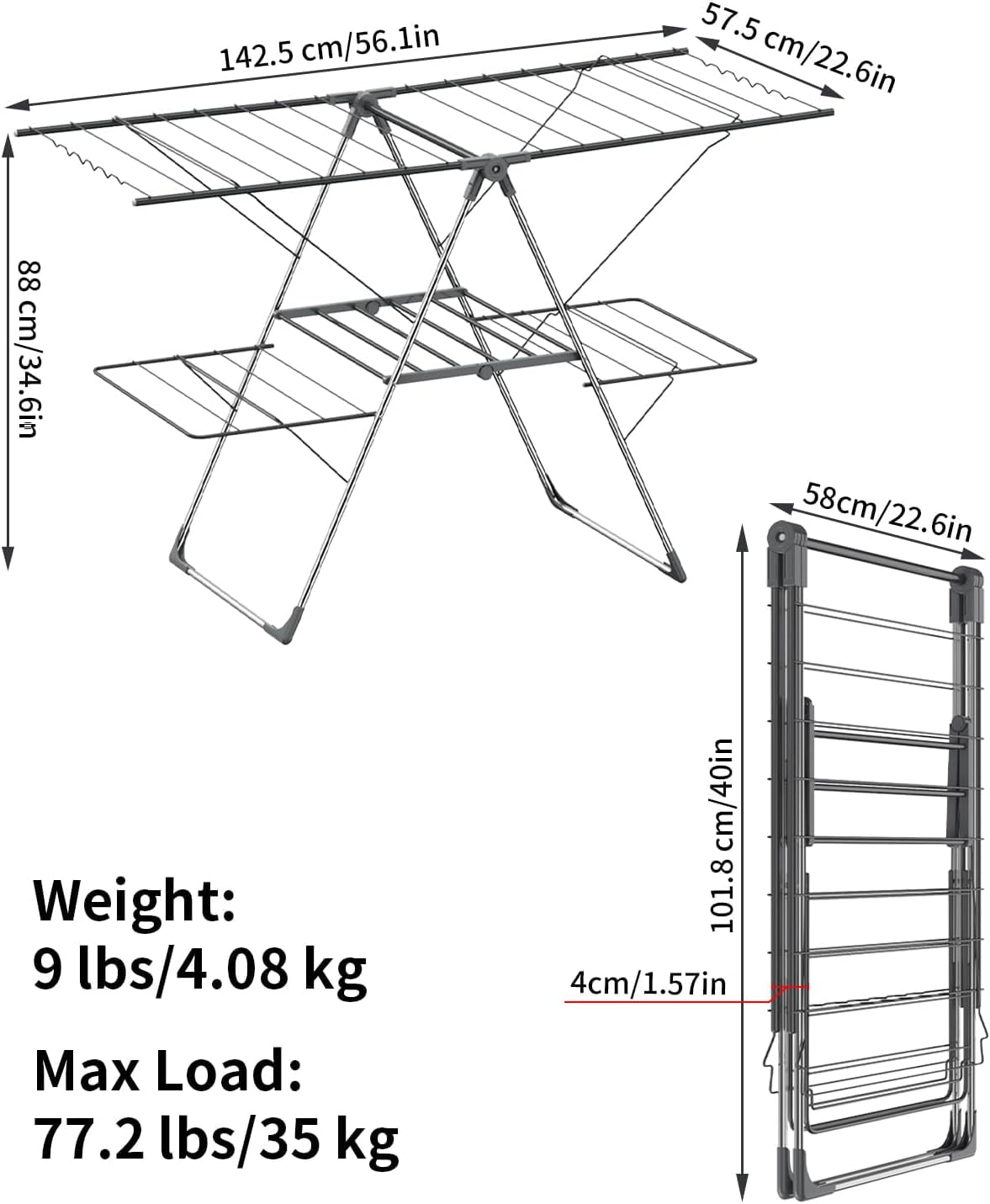 Innotic Wäscheständer Klappbar Platzsparend,142.5L x 57.5B x 88H cm | Flügeltrockner Turm mit 33 Stangen,35kg Tragkraft, 4 Flügel, 3 Höhen, Stabiler für Balkon Innen und Außenbereich, Grau-L