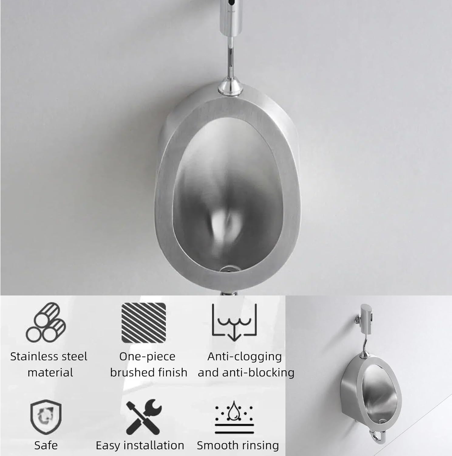 Stainless Steel Wall Mounted Urinal for Men, 304 Commercial Urinal, Deep Bowl Splash Guard Design, Fast Drainage System, Odor-Control Structure, Brushed Finish for Home, Office, Garage(Gold)