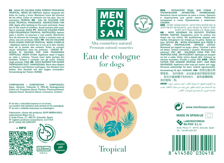 MENFORSAN Eau de Toilette für Hunde | Tropisch | Intensiver und erfrischender Duft | Deodorierende Wirkung | Mit sehr milden Inhaltsstoffen, die die Haut NICHT reizen | Mit neutralem pH-Wert | 125 ml